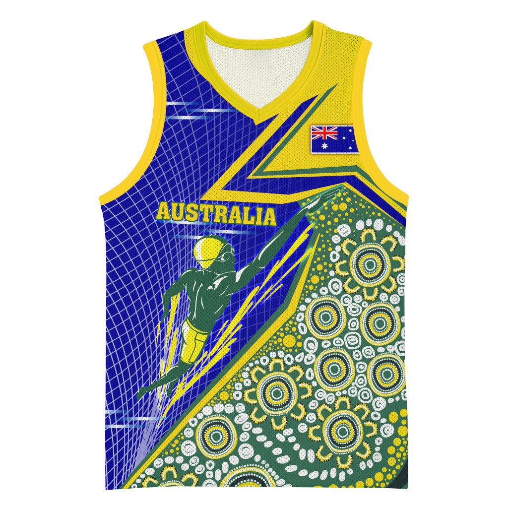 Personalized Australia Swimming Athlete Basketball Jersey Aboriginal Dot Pattern Competitive Swimmer Patriotic