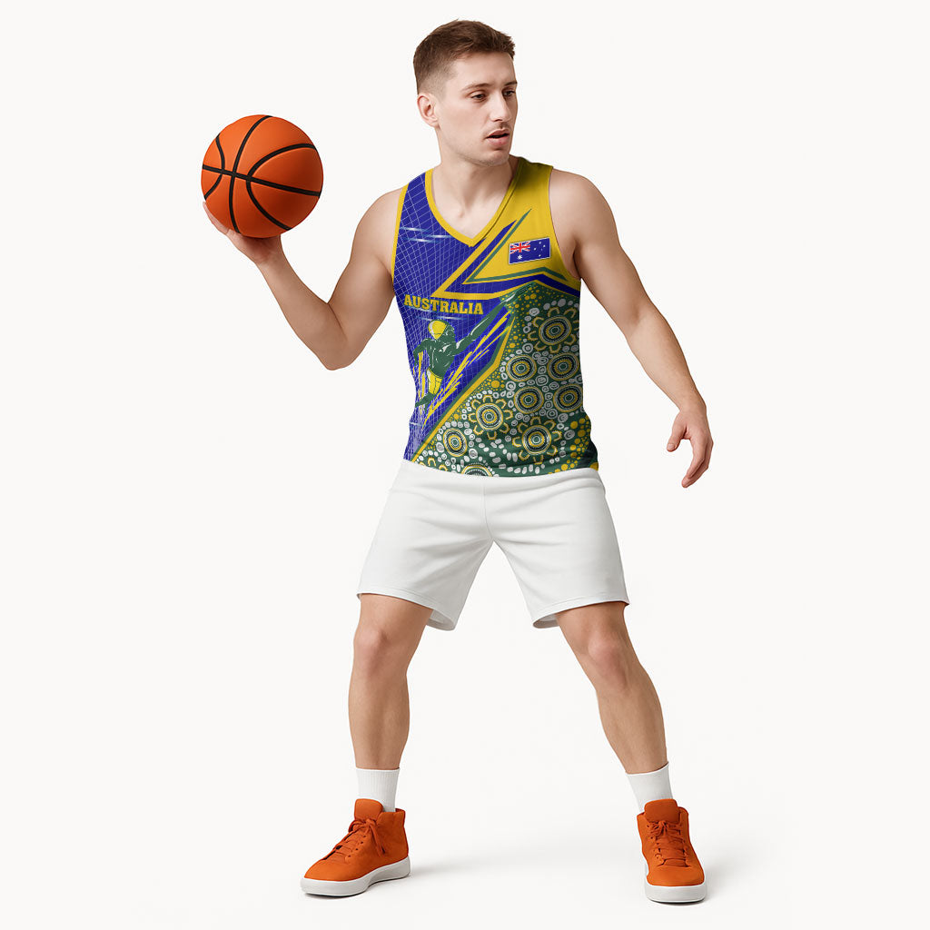 Personalized Australia Swimming Athlete Basketball Jersey Aboriginal Dot Pattern Competitive Swimmer Patriotic