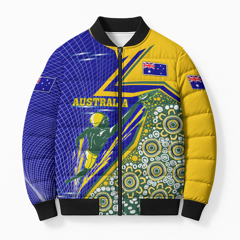 Personalized Australia Swimming Athlete Bomber Puffer Jacket Aboriginal Dot Pattern Competitive Swimmer Patriotic