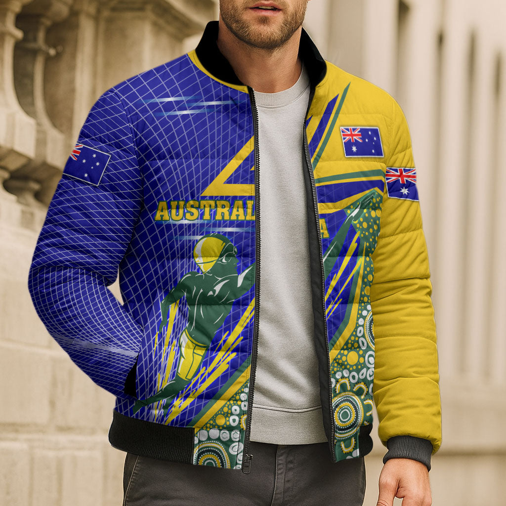 Personalized Australia Swimming Athlete Bomber Puffer Jacket Aboriginal Dot Pattern Competitive Swimmer Patriotic