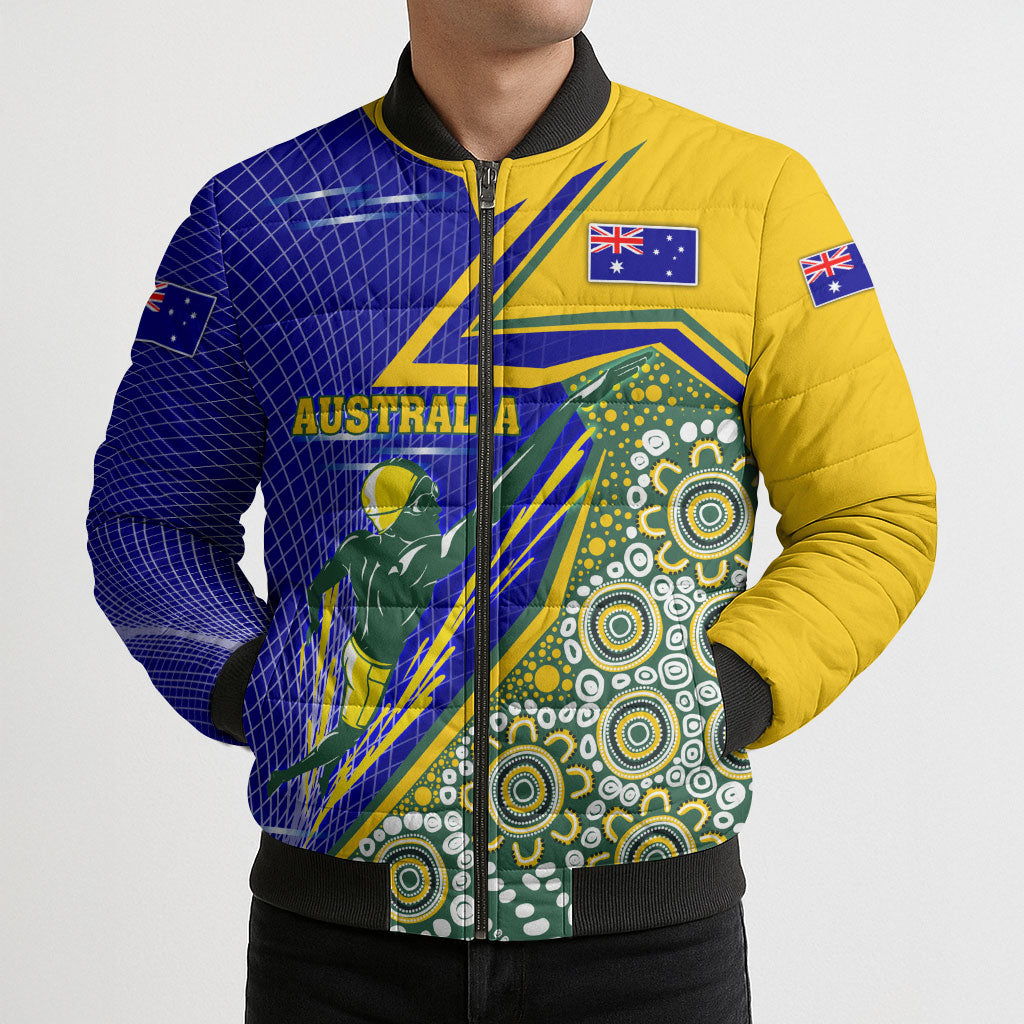 Personalized Australia Swimming Athlete Bomber Puffer Jacket Aboriginal Dot Pattern Competitive Swimmer Patriotic