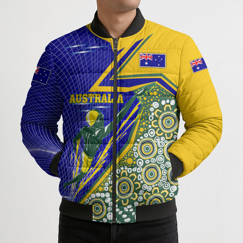Personalized Australia Swimming Athlete Bomber Puffer Jacket Aboriginal Dot Pattern Competitive Swimmer Patriotic