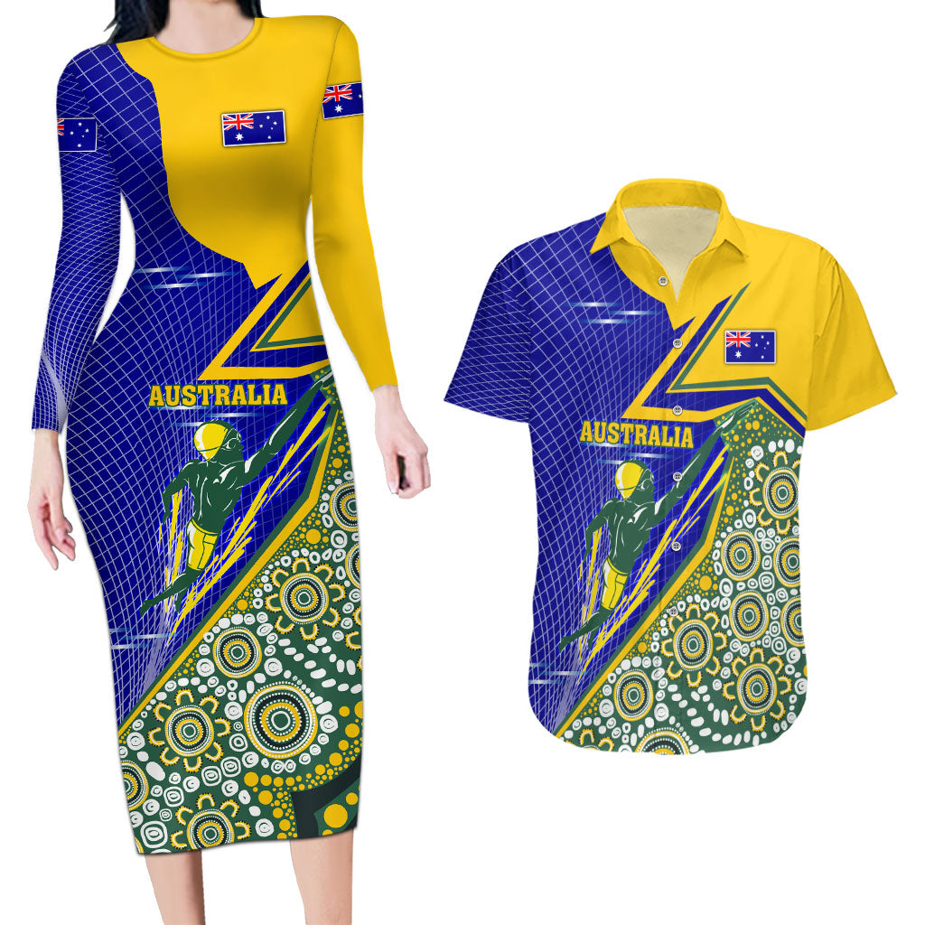 Personalized Australia Swimming Athlete Couples Matching Long Sleeve Bodycon Dress and Hawaiian Shirt Aboriginal Dot Pattern Competitive Swimmer Patriotic