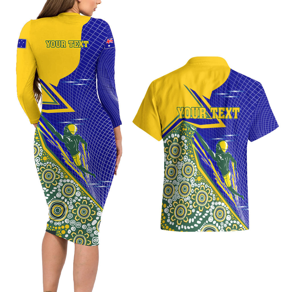 Personalized Australia Swimming Athlete Couples Matching Long Sleeve Bodycon Dress and Hawaiian Shirt Aboriginal Dot Pattern Competitive Swimmer Patriotic