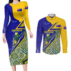 Personalized Australia Swimming Athlete Couples Matching Long Sleeve Bodycon Dress and Long Sleeve Button Shirt Aboriginal Dot Pattern Competitive Swimmer Patriotic