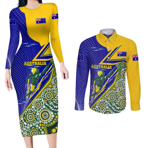 Personalized Australia Swimming Athlete Couples Matching Long Sleeve Bodycon Dress and Long Sleeve Button Shirt Aboriginal Dot Pattern Competitive Swimmer Patriotic