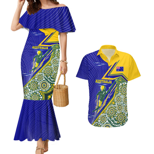 Personalized Australia Swimming Athlete Couples Matching Mermaid Dress and Hawaiian Shirt Aboriginal Dot Pattern Competitive Swimmer Patriotic