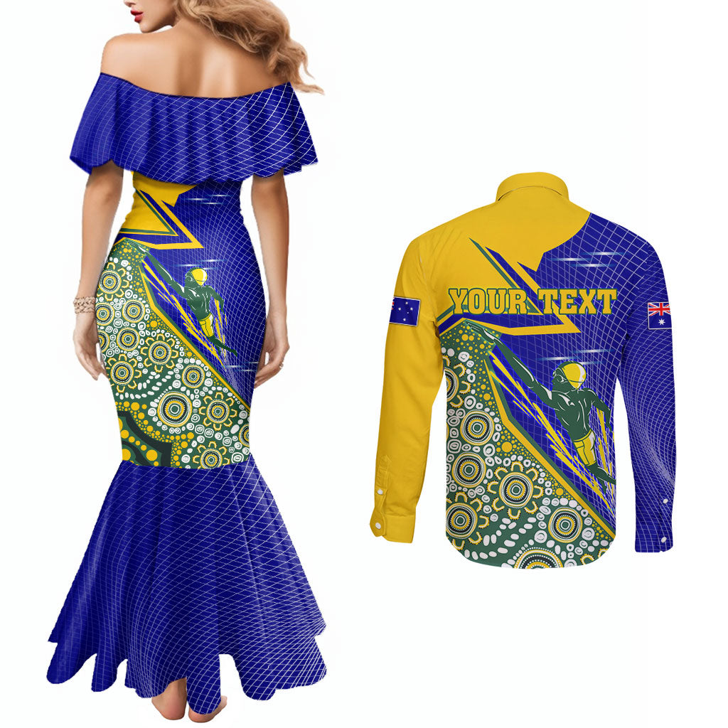 Personalized Australia Swimming Athlete Couples Matching Mermaid Dress and Long Sleeve Button Shirt Aboriginal Dot Pattern Competitive Swimmer Patriotic