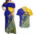 Personalized Australia Swimming Athlete Couples Matching Off Shoulder Maxi Dress and Hawaiian Shirt Aboriginal Dot Pattern Competitive Swimmer Patriotic