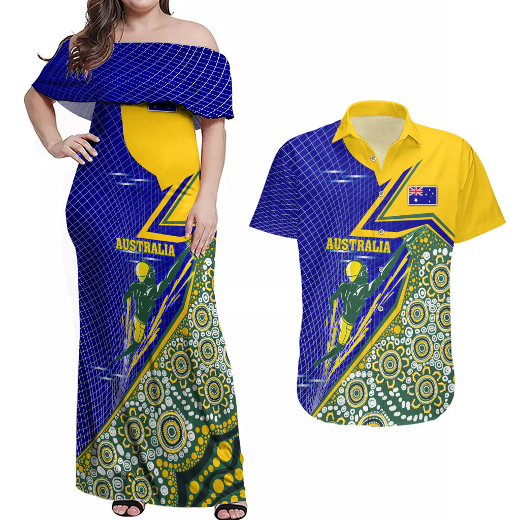 Personalized Australia Swimming Athlete Couples Matching Off Shoulder Maxi Dress and Hawaiian Shirt Aboriginal Dot Pattern Competitive Swimmer Patriotic