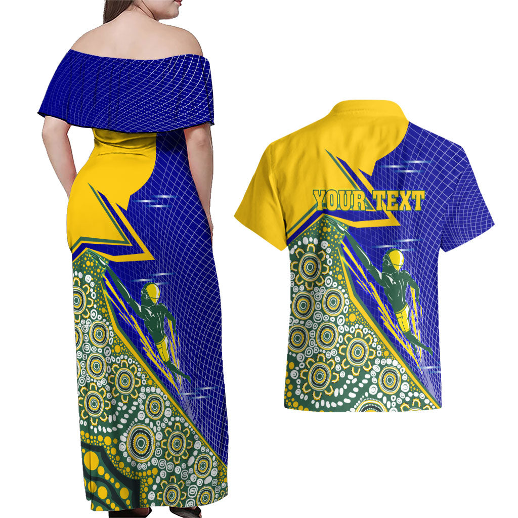 Personalized Australia Swimming Athlete Couples Matching Off Shoulder Maxi Dress and Hawaiian Shirt Aboriginal Dot Pattern Competitive Swimmer Patriotic