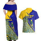 Personalized Australia Swimming Athlete Couples Matching Off Shoulder Maxi Dress and Hawaiian Shirt Aboriginal Dot Pattern Competitive Swimmer Patriotic