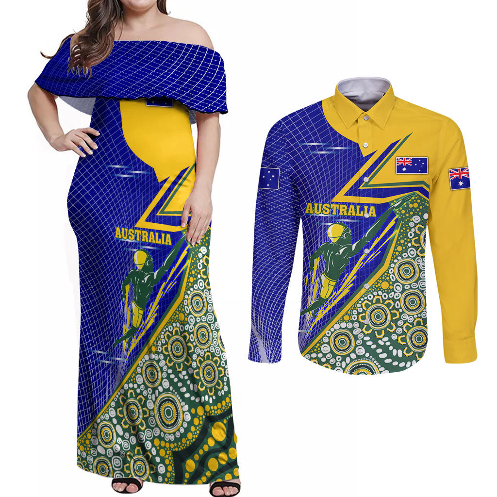 Personalized Australia Swimming Athlete Couples Matching Off Shoulder Maxi Dress and Long Sleeve Button Shirt Aboriginal Dot Pattern Competitive Swimmer Patriotic