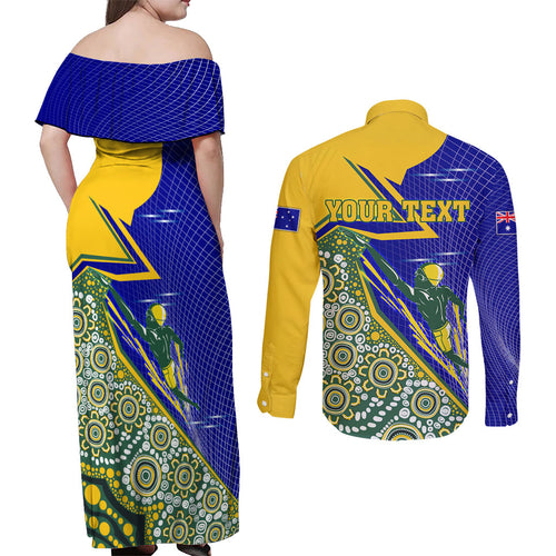 Personalized Australia Swimming Athlete Couples Matching Off Shoulder Maxi Dress and Long Sleeve Button Shirt Aboriginal Dot Pattern Competitive Swimmer Patriotic