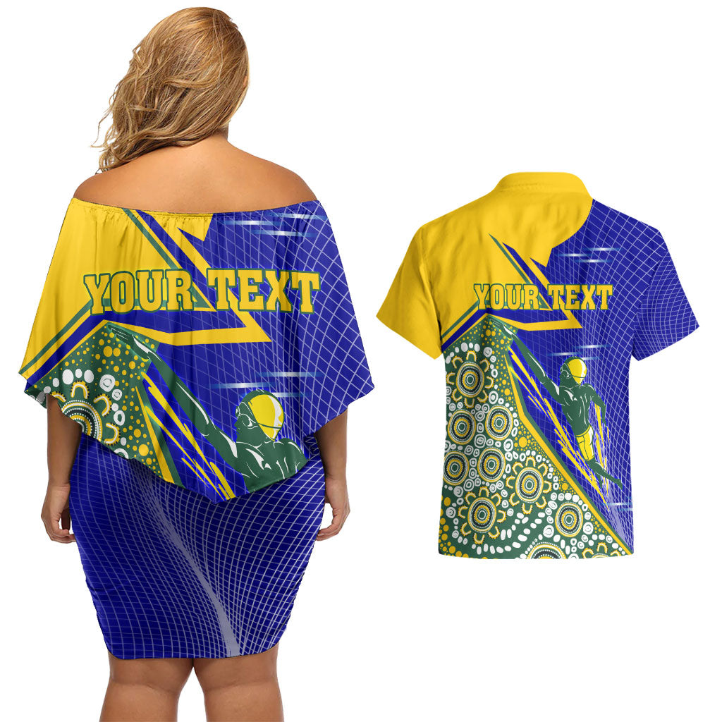 Personalized Australia Swimming Athlete Couples Matching Off Shoulder Short Dress and Hawaiian Shirt Aboriginal Dot Pattern Competitive Swimmer Patriotic