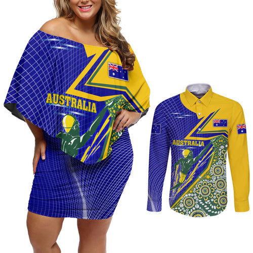 Personalized Australia Swimming Athlete Couples Matching Off Shoulder Short Dress and Long Sleeve Button Shirt Aboriginal Dot Pattern Competitive Swimmer Patriotic