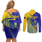 Personalized Australia Swimming Athlete Couples Matching Off Shoulder Short Dress and Long Sleeve Button Shirt Aboriginal Dot Pattern Competitive Swimmer Patriotic