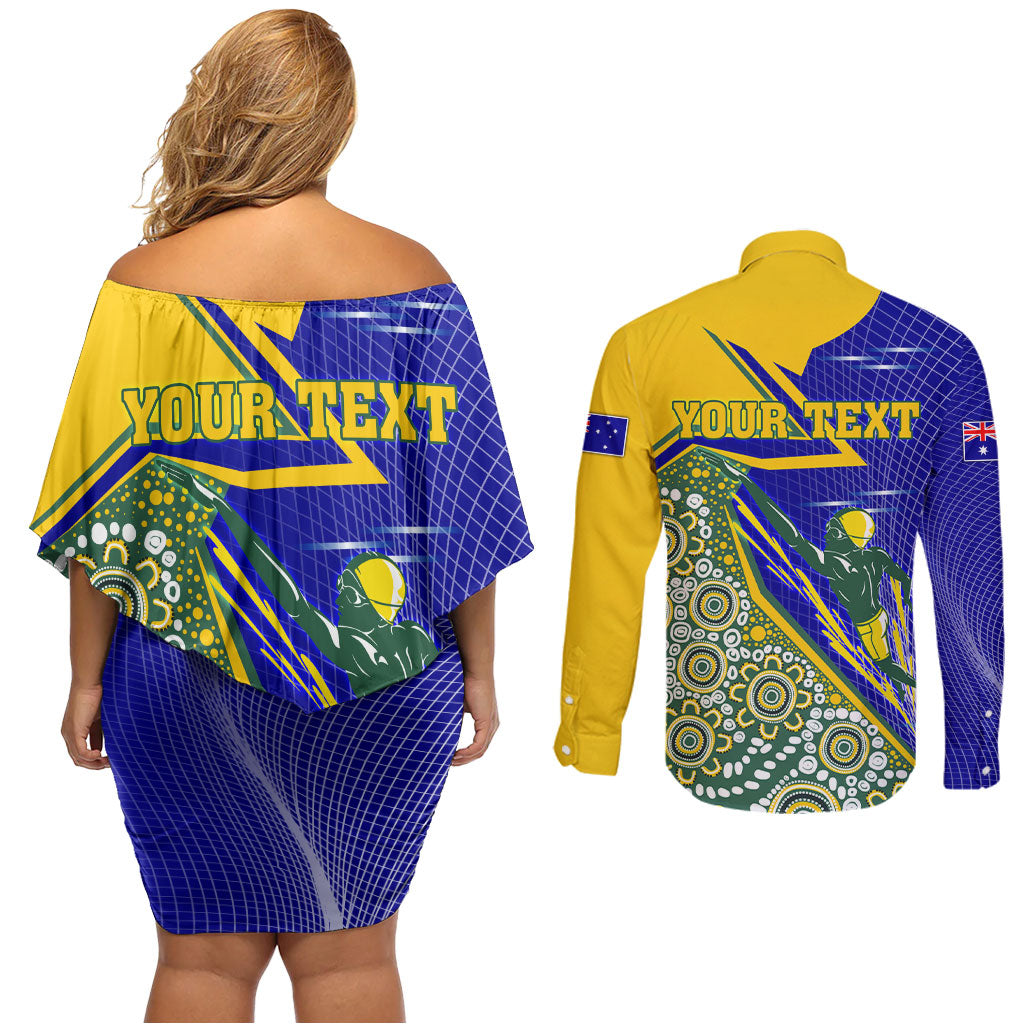 Personalized Australia Swimming Athlete Couples Matching Off Shoulder Short Dress and Long Sleeve Button Shirt Aboriginal Dot Pattern Competitive Swimmer Patriotic
