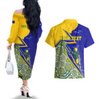 Personalized Australia Swimming Athlete Couples Matching Off The Shoulder Long Sleeve Dress and Hawaiian Shirt Aboriginal Dot Pattern Competitive Swimmer Patriotic