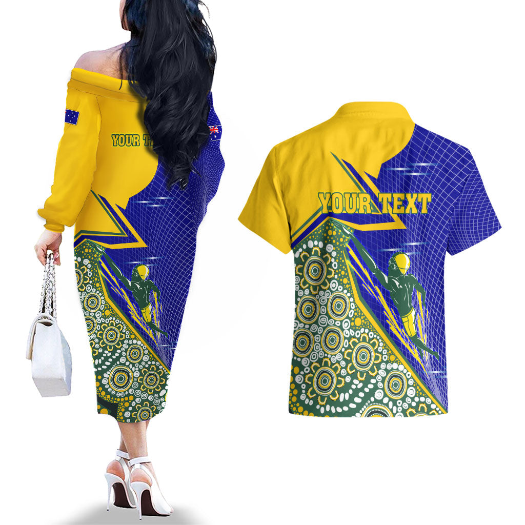 Personalized Australia Swimming Athlete Couples Matching Off The Shoulder Long Sleeve Dress and Hawaiian Shirt Aboriginal Dot Pattern Competitive Swimmer Patriotic
