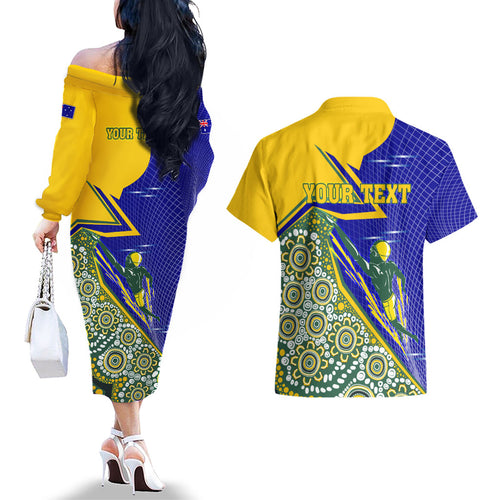 Personalized Australia Swimming Athlete Couples Matching Off The Shoulder Long Sleeve Dress and Hawaiian Shirt Aboriginal Dot Pattern Competitive Swimmer Patriotic