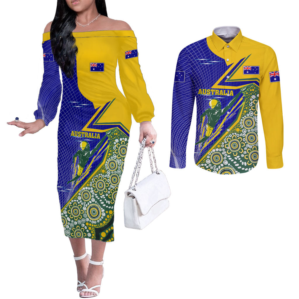 Personalized Australia Swimming Athlete Couples Matching Off The Shoulder Long Sleeve Dress and Long Sleeve Button Shirt Aboriginal Dot Pattern Competitive Swimmer Patriotic