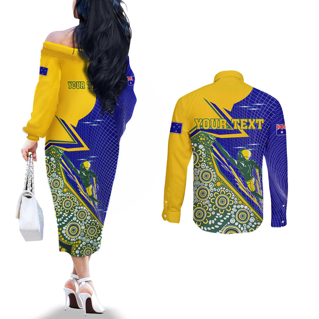 Personalized Australia Swimming Athlete Couples Matching Off The Shoulder Long Sleeve Dress and Long Sleeve Button Shirt Aboriginal Dot Pattern Competitive Swimmer Patriotic