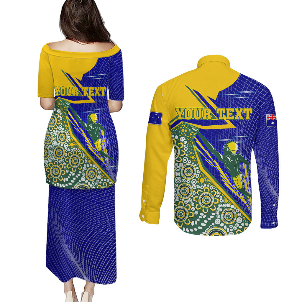 Personalized Australia Swimming Athlete Couples Matching Puletasi and Long Sleeve Button Shirt Aboriginal Dot Pattern Competitive Swimmer Patriotic