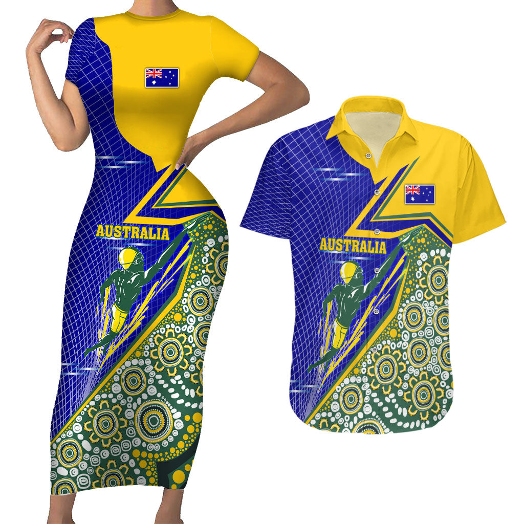 Personalized Australia Swimming Athlete Couples Matching Short Sleeve Bodycon Dress and Hawaiian Shirt Aboriginal Dot Pattern Competitive Swimmer Patriotic