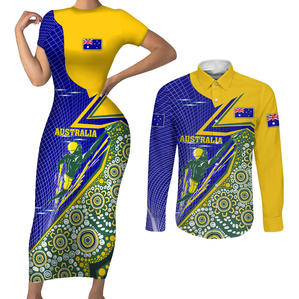 Personalized Australia Swimming Athlete Couples Matching Short Sleeve Bodycon Dress and Long Sleeve Button Shirt Aboriginal Dot Pattern Competitive Swimmer Patriotic