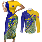 Personalized Australia Swimming Athlete Couples Matching Short Sleeve Bodycon Dress and Long Sleeve Button Shirt Aboriginal Dot Pattern Competitive Swimmer Patriotic