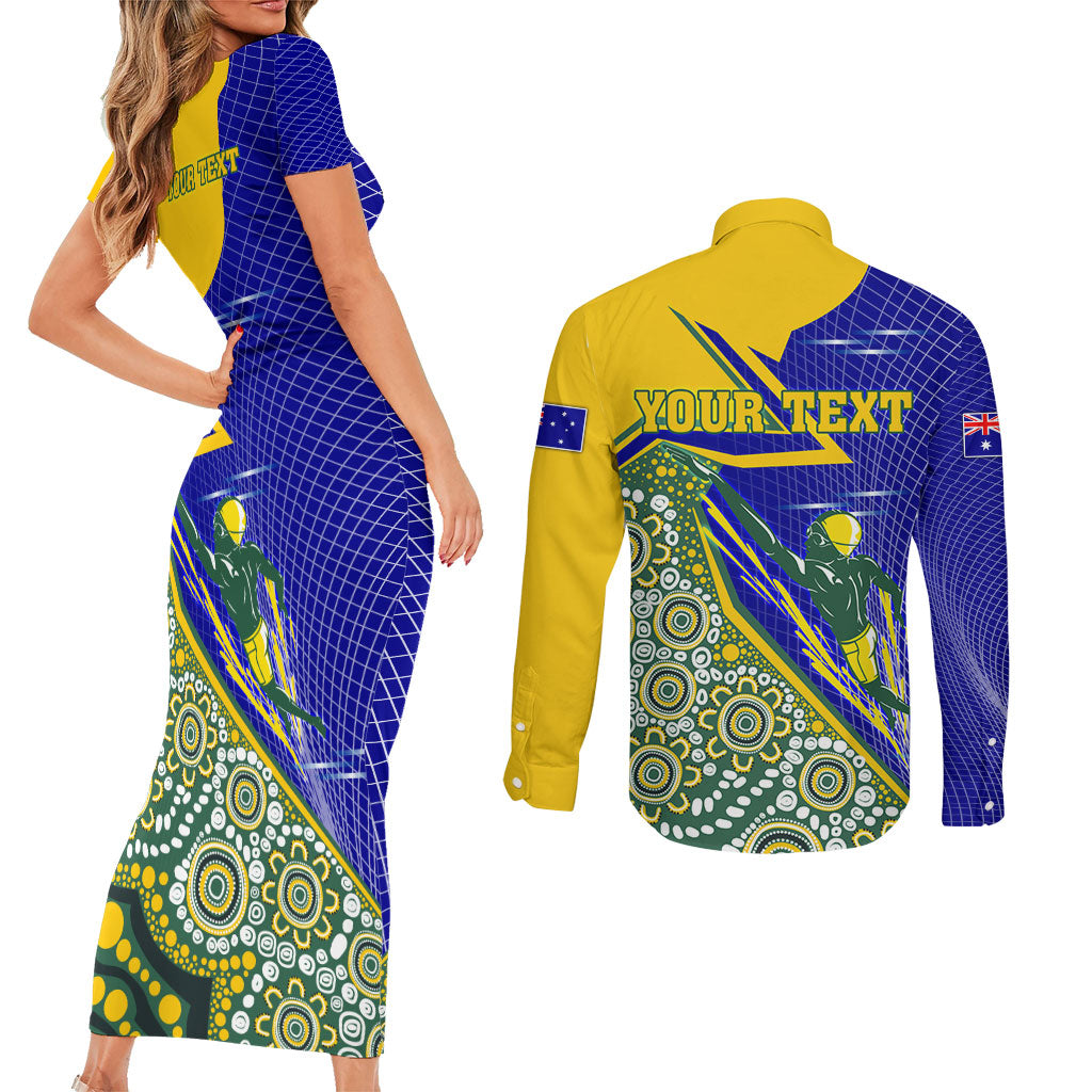 Personalized Australia Swimming Athlete Couples Matching Short Sleeve Bodycon Dress and Long Sleeve Button Shirt Aboriginal Dot Pattern Competitive Swimmer Patriotic