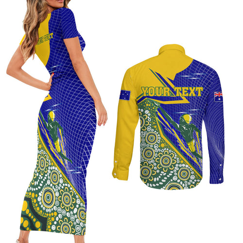 Personalized Australia Swimming Athlete Couples Matching Short Sleeve Bodycon Dress and Long Sleeve Button Shirt Aboriginal Dot Pattern Competitive Swimmer Patriotic