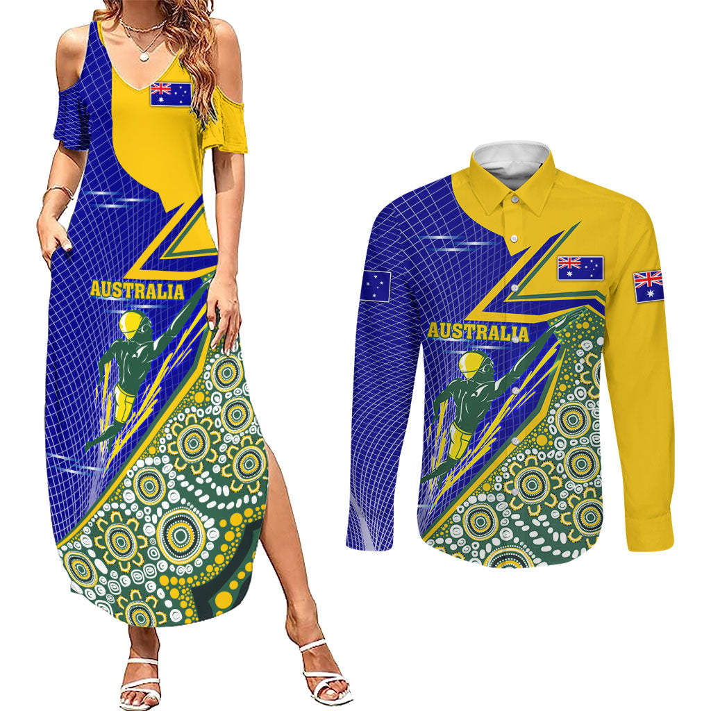 Personalized Australia Swimming Athlete Couples Matching Summer Maxi Dress and Long Sleeve Button Shirt Aboriginal Dot Pattern Competitive Swimmer Patriotic