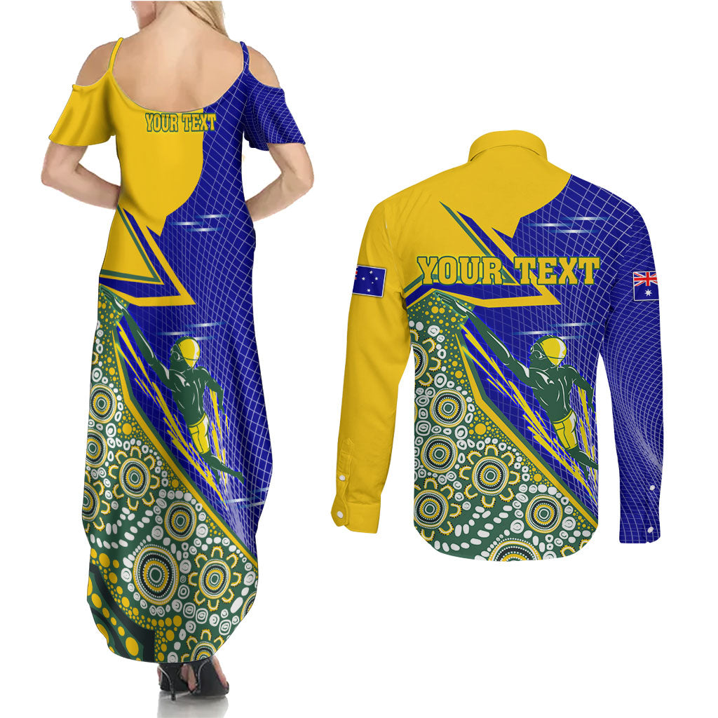 Personalized Australia Swimming Athlete Couples Matching Summer Maxi Dress and Long Sleeve Button Shirt Aboriginal Dot Pattern Competitive Swimmer Patriotic