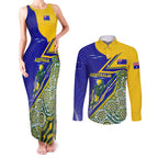 Personalized Australia Swimming Athlete Couples Matching Tank Maxi Dress and Long Sleeve Button Shirt Aboriginal Dot Pattern Competitive Swimmer Patriotic