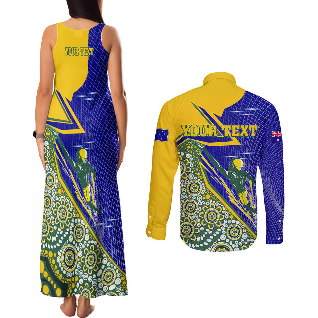 Personalized Australia Swimming Athlete Couples Matching Tank Maxi Dress and Long Sleeve Button Shirt Aboriginal Dot Pattern Competitive Swimmer Patriotic