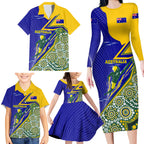 Personalized Australia Swimming Athlete Family Matching Long Sleeve Bodycon Dress and Hawaiian Shirt Aboriginal Dot Pattern Competitive Swimmer Patriotic