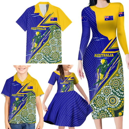 Personalized Australia Swimming Athlete Family Matching Long Sleeve Bodycon Dress and Hawaiian Shirt Aboriginal Dot Pattern Competitive Swimmer Patriotic