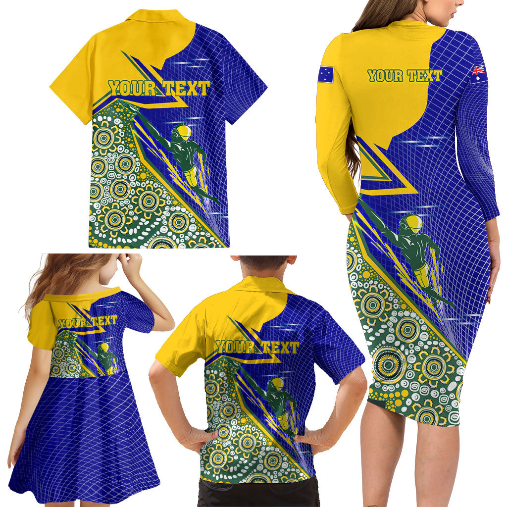 Personalized Australia Swimming Athlete Family Matching Long Sleeve Bodycon Dress and Hawaiian Shirt Aboriginal Dot Pattern Competitive Swimmer Patriotic