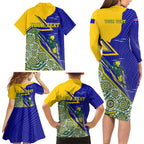 Personalized Australia Swimming Athlete Family Matching Long Sleeve Bodycon Dress and Hawaiian Shirt Aboriginal Dot Pattern Competitive Swimmer Patriotic