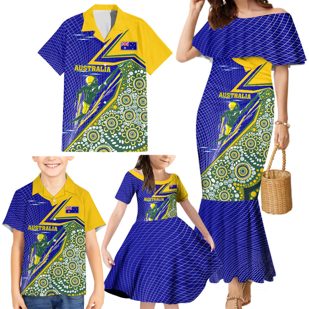 Personalized Australia Swimming Athlete Family Matching Mermaid Dress and Hawaiian Shirt Aboriginal Dot Pattern Competitive Swimmer Patriotic