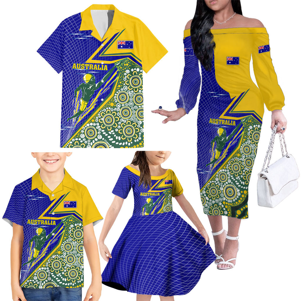 Personalized Australia Swimming Athlete Family Matching Off The Shoulder Long Sleeve Dress and Hawaiian Shirt Aboriginal Dot Pattern Competitive Swimmer Patriotic