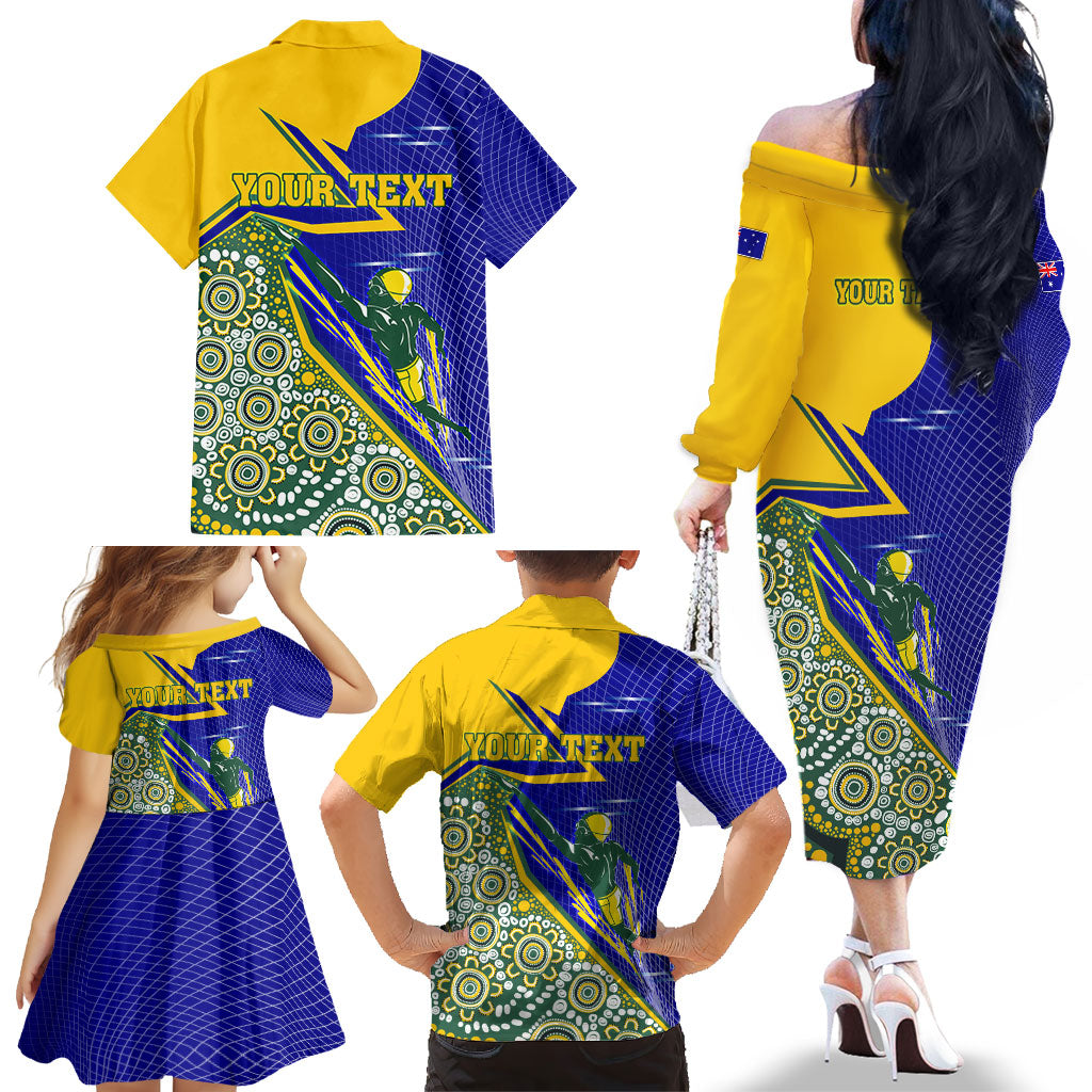 Personalized Australia Swimming Athlete Family Matching Off The Shoulder Long Sleeve Dress and Hawaiian Shirt Aboriginal Dot Pattern Competitive Swimmer Patriotic