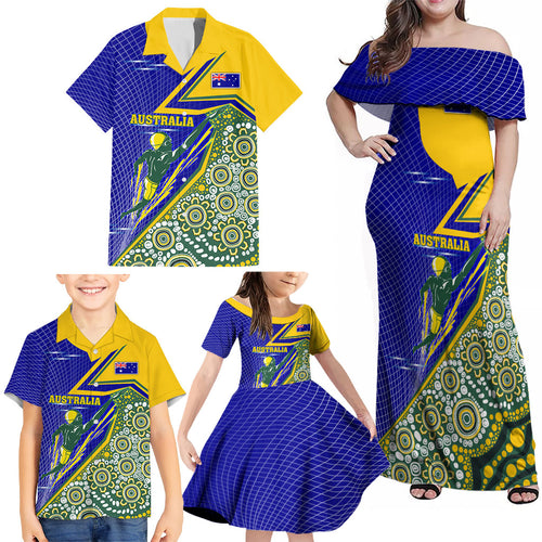 Personalized Australia Swimming Athlete Family Matching Off Shoulder Maxi Dress and Hawaiian Shirt Aboriginal Dot Pattern Competitive Swimmer Patriotic