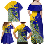 Personalized Australia Swimming Athlete Family Matching Off Shoulder Maxi Dress and Hawaiian Shirt Aboriginal Dot Pattern Competitive Swimmer Patriotic