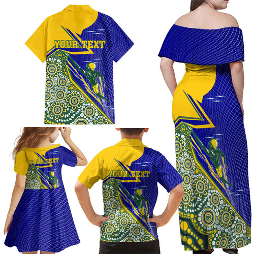 Personalized Australia Swimming Athlete Family Matching Off Shoulder Maxi Dress and Hawaiian Shirt Aboriginal Dot Pattern Competitive Swimmer Patriotic