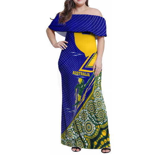 Personalized Australia Swimming Athlete Family Matching Off Shoulder Maxi Dress and Hawaiian Shirt Aboriginal Dot Pattern Competitive Swimmer Patriotic