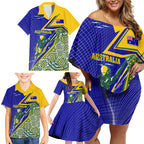 Personalized Australia Swimming Athlete Family Matching Off Shoulder Short Dress and Hawaiian Shirt Aboriginal Dot Pattern Competitive Swimmer Patriotic