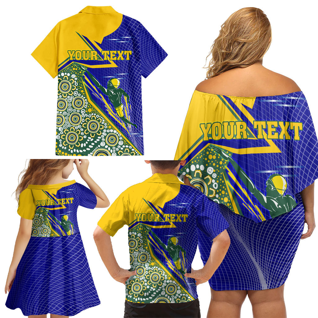 Personalized Australia Swimming Athlete Family Matching Off Shoulder Short Dress and Hawaiian Shirt Aboriginal Dot Pattern Competitive Swimmer Patriotic